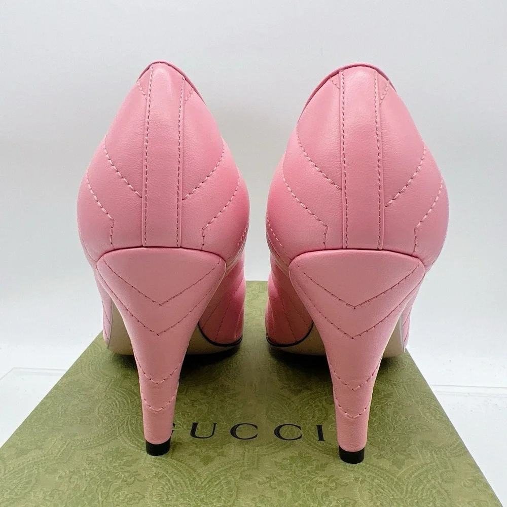 Gucci Chevron Matelasse mini Double G Logo Heel Pumps Pink Leather EU 37.5 - NEW - Picture 8 of 15